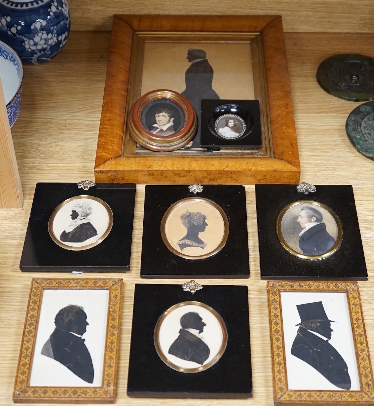 19th century English School, a group of silhouettes and portraits, largest 27 x 17cm